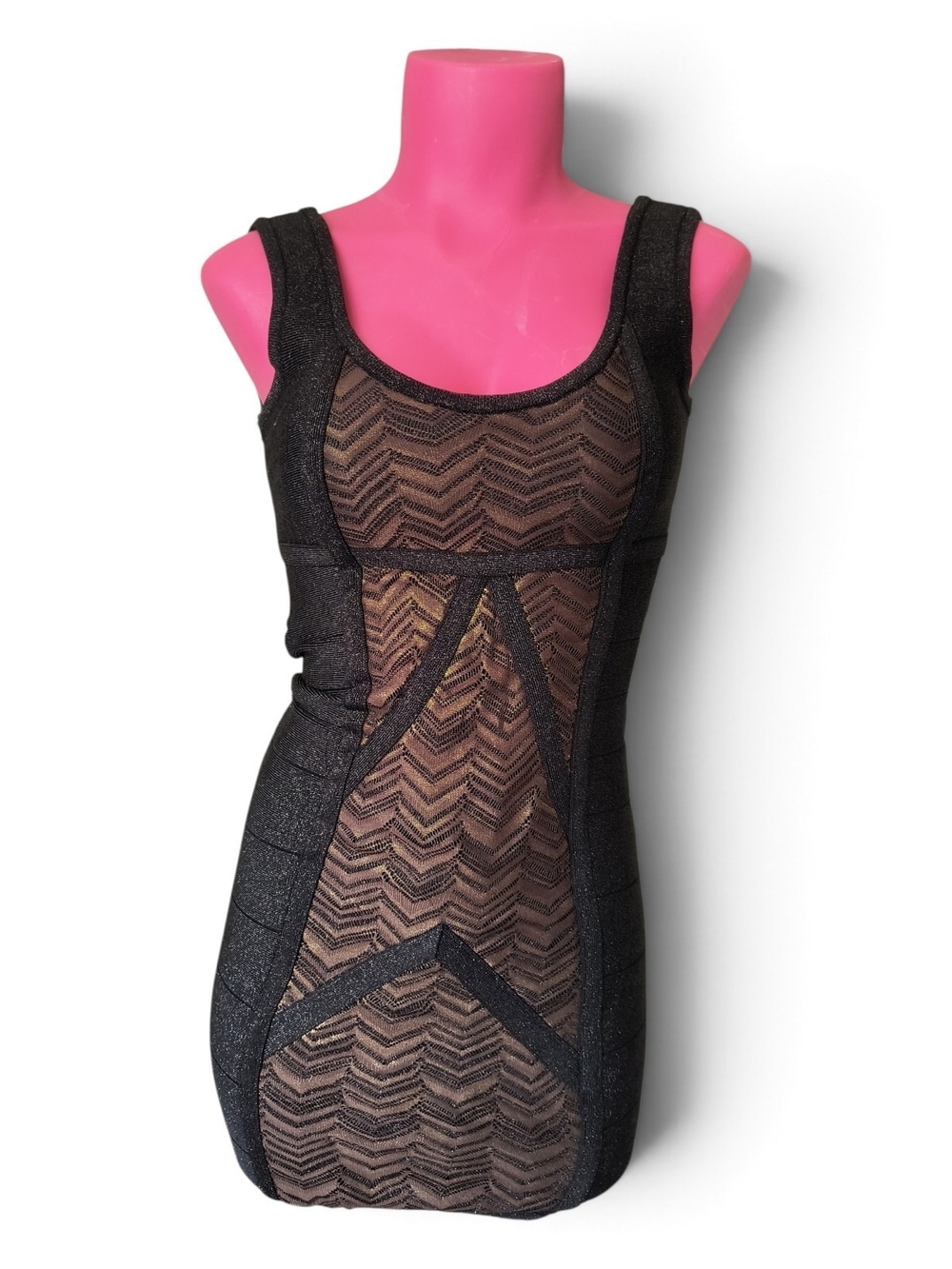 Y2K Bebe Black & Gold Chevron Bandage Bodycon Mini Dress XS - Excellent Cond